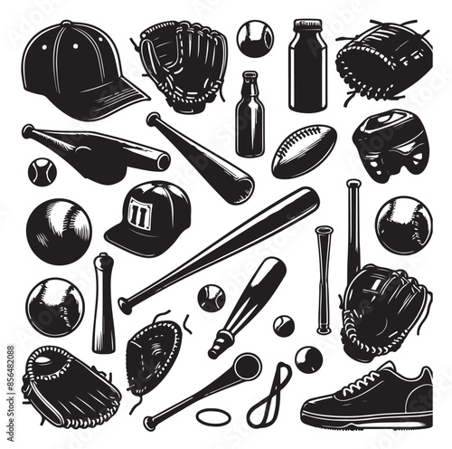 Vector Baseball Equipment illustrations. Vector Vintage Baseball Equipment illustrations, with bats, balls and headgear.