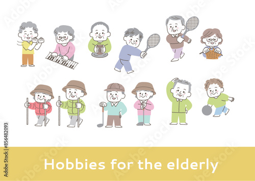 いろいろな趣味を楽しむシニアのイラストセット
