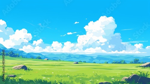 Tranquil Meadow with Blue Skies and Fluffy Clouds