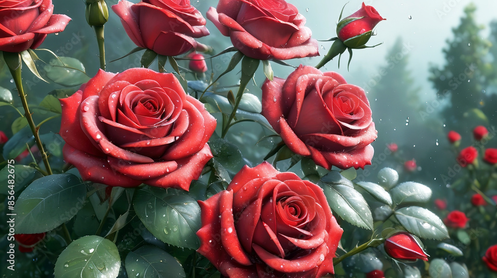 Beautiful red roses with water drops on petals, generative Ai