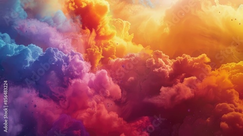 bright multicolored pigments in Holi festival style with bright color clouds in the air