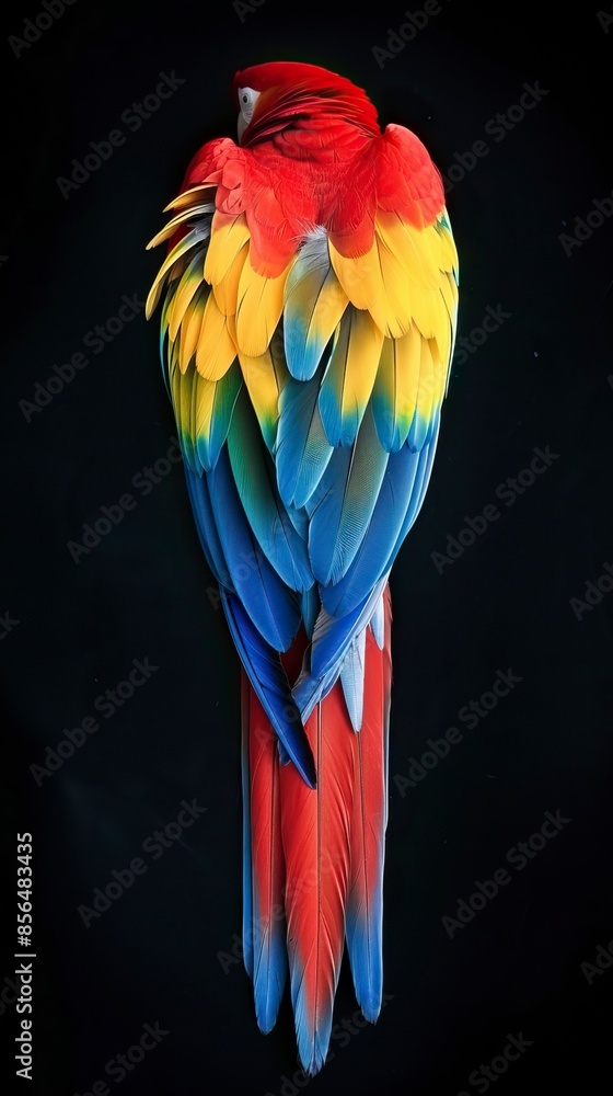 Fototapeta premium macaw Feathers on black background, Plumas de guacamaya sobre fondo negro, guacamayo 
