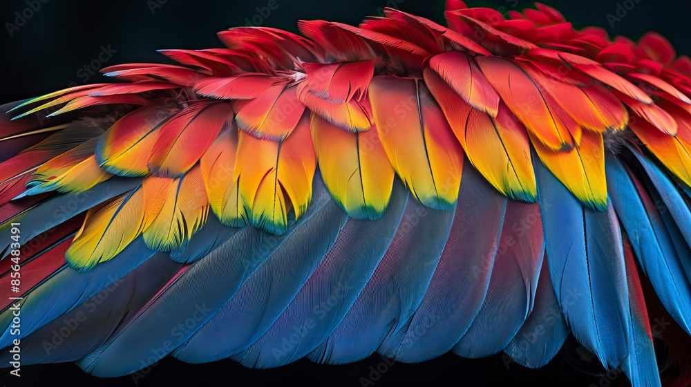 Fototapeta premium macaw Feathers on black background, Plumas de guacamaya sobre fondo negro, guacamayo