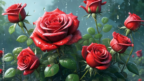 Obraz na płótnie Beautiful red roses with water drops on petals, generative Ai w salonie