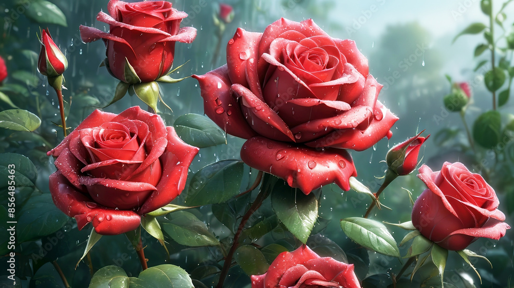 Beautiful red roses with water drops on petals, generative Ai
