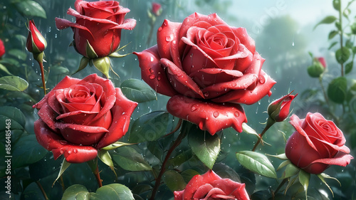 Obraz na płótnie Beautiful red roses with water drops on petals, generative Ai w salonie