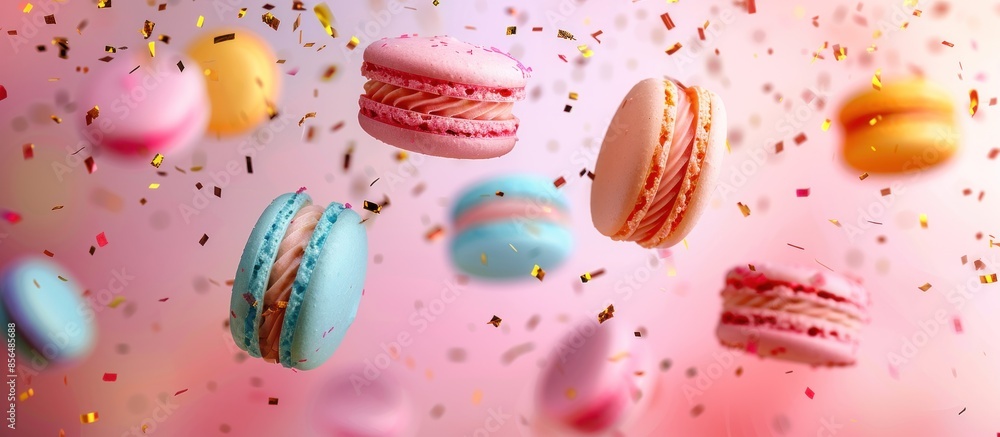 A close up of a variety of colorful macarons with sprinkles A close up of a variety of colorful macarons with sprinkles