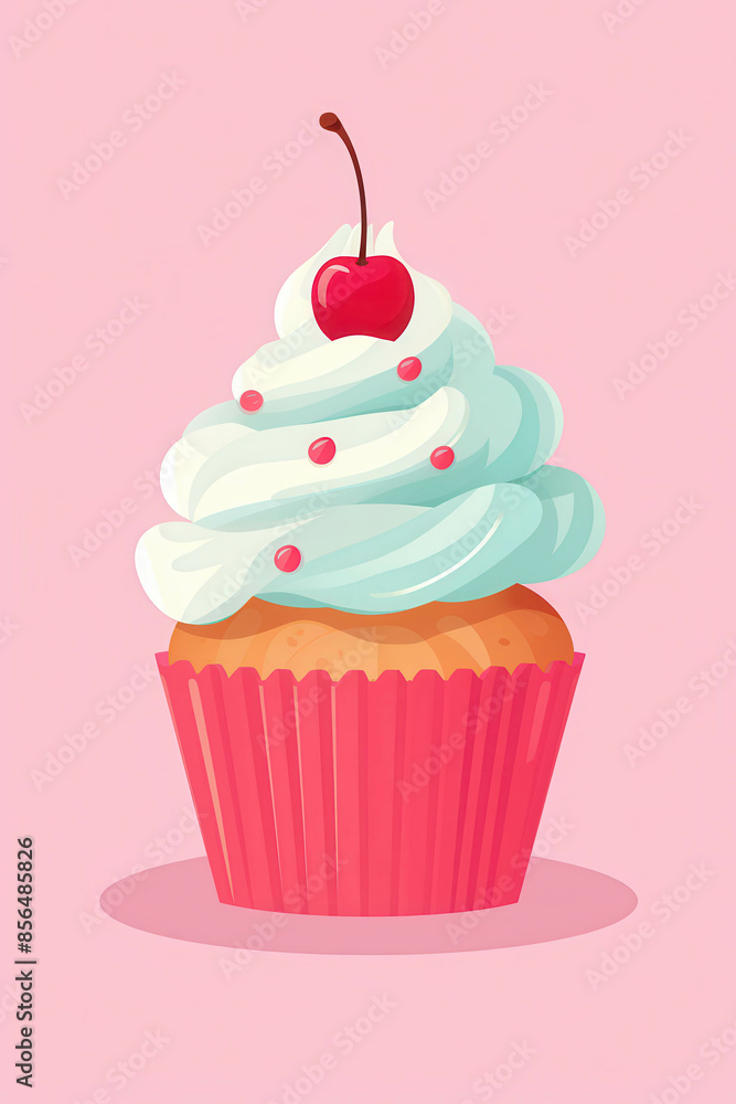 Delicious Cupcake with Creamy Frosting and Red Sprinkles on Pink Background Delicious Cupcake with Creamy Frosting and Red Sprinkles on Pink Background