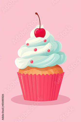 Delicious Cupcake with Creamy Frosting and Red Sprinkles on Pink Background