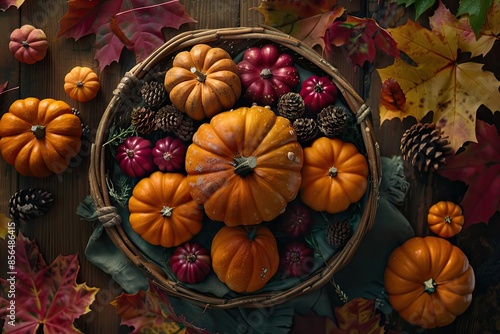 Autumn still life with pumpkins, pinecones, and colorful leaves in a wicker basket on a wooden background. Perfect for seasonal decoration. photo