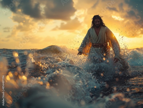 tranquil scene depicting Jesus Christ walking calmly through the ocean waves as the sunset lights the sky.
