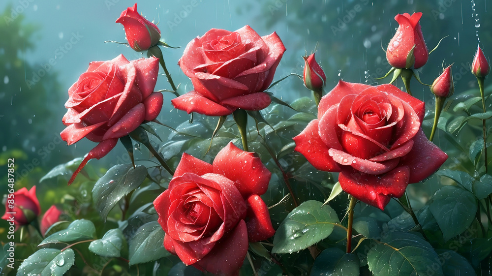 Beautiful red roses with water drops on petals, generative Ai