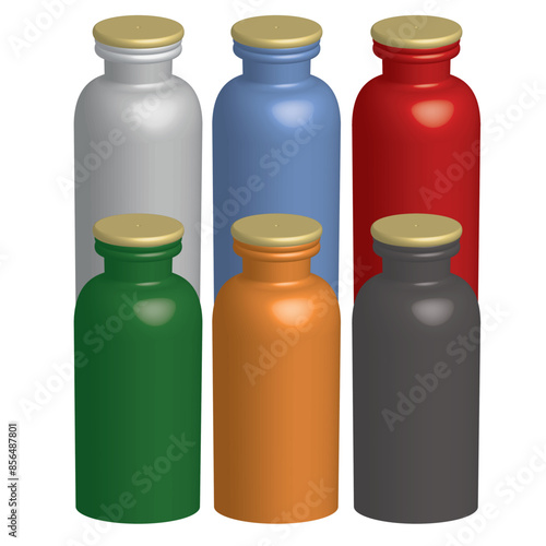 3D Steel thermo water bottle. Empty stainless thermo water bottle close-up isolated on white background. Plastic free. Steel bootle replaces plastic.