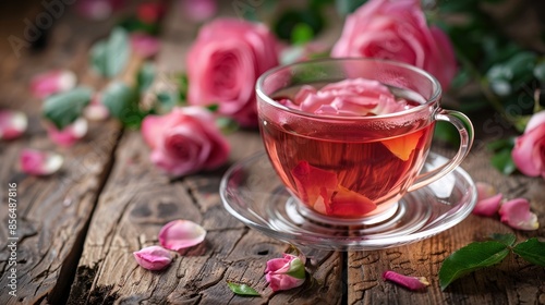 Fototapeta Naklejka Na Ścianę i Meble -  Cup of rose tea on a wooden table with roses, rose tea, rustic charm. Cup of tea with rose on color background