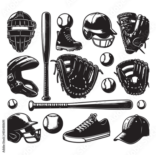 Vector Baseball Equipment illustrations. Vector Vintage Baseball Equipment illustrations, with bats, balls and headgear.