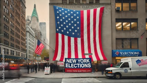 New York City Election Day: Large American Flag Hangs From Building