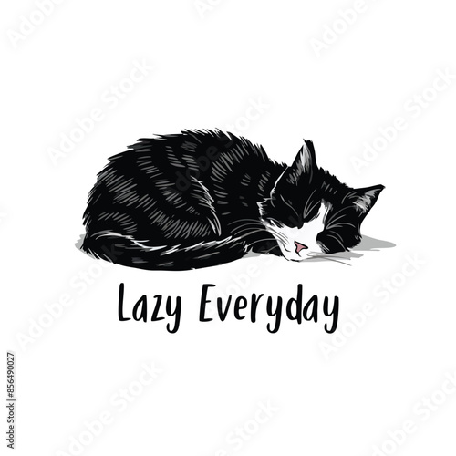 minimalistic single black ink white background minimal cat sleeping text read : lazy everyday. the design can be used to t-shirt and more