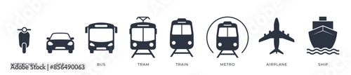 Transport Silhouette Icon Set. Connecting Land, Air, and Sea. Isolated Vector Illustration.