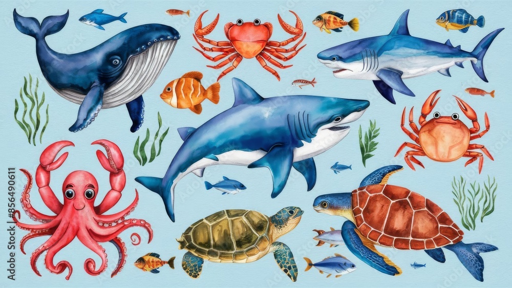 a collection of watercolor clipart showcasing hand-drawn underwater animals, including a whale, octopus, shark, crab, dolphin, sea turtle, and fish a collection of watercolor clipart showcasing hand-drawn underwater animals, including a whale, octopus, shark, crab, dolphin, sea turtle, and fish