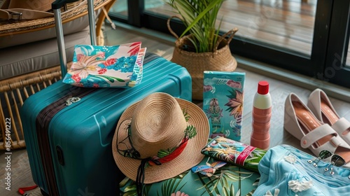 Tropical travel essentials including suitcase, hat, shoes, and accessories ready for a summer vacation getaway.