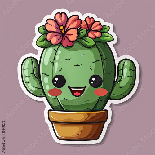 sticker of Smiling cactus with rosy cheeks and a flower crown , Die cut sticker