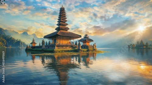 View of Bali lake with mountain background, in smooth background with 4K video quality.