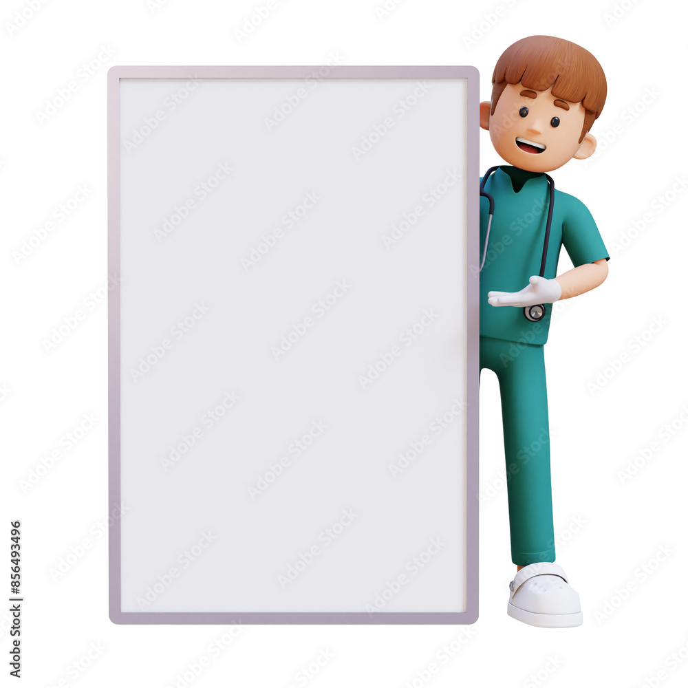 3D Doctor Character Presenting on Blank Placard. Suitable for Medical content 3D Doctor Character Presenting on Blank Placard. Suitable for Medical content