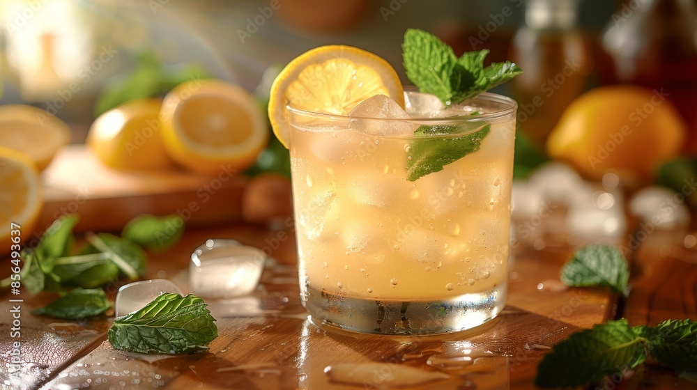 A refreshing glass of homemade fresh lemonade in a kitchen with a lemon slice and a garnish of mint. A refreshing glass of homemade fresh lemonade in a kitchen with a lemon slice and a garnish of mint.