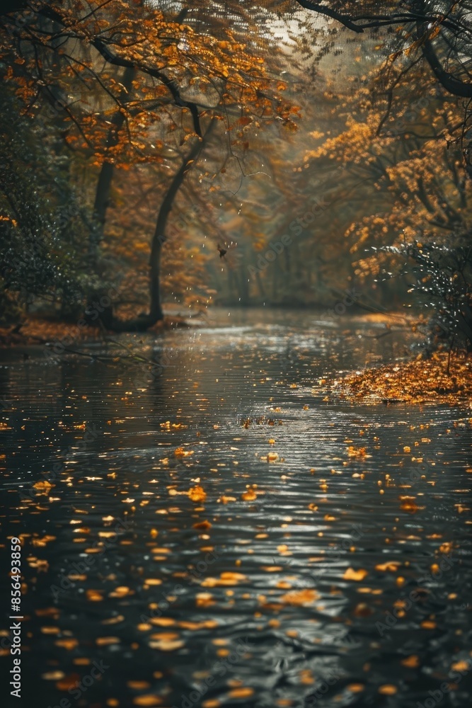 Obraz premium Autumn River with Falling Leaves