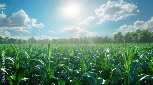 Lush green cornfield under a bright sunny sky with puffy clouds, ideal for agriculture and nature themes. photo