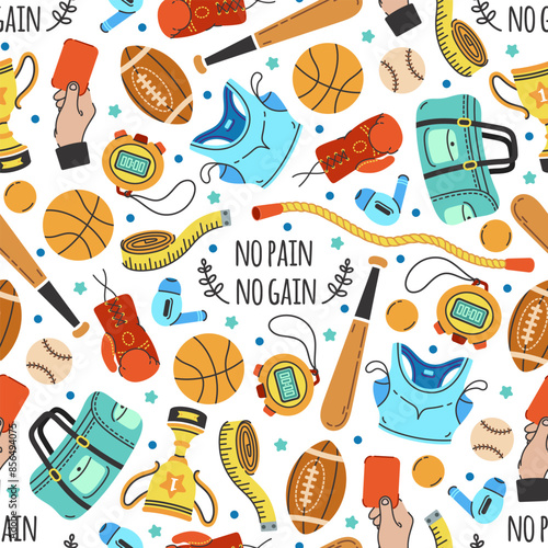 Sports equipment seamless vector pattern. Gym accessories - baseball bat, boxing gloves, stopwatch, sportswear. Balls for rugby, basketball, tennis. Workout and exercise background, fitness ornament