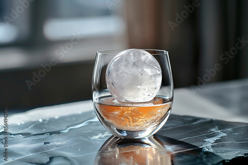 Set against backdrop of polished grey slate, trendy cocktail glass enfolds crystal-clear ice ball. photo
