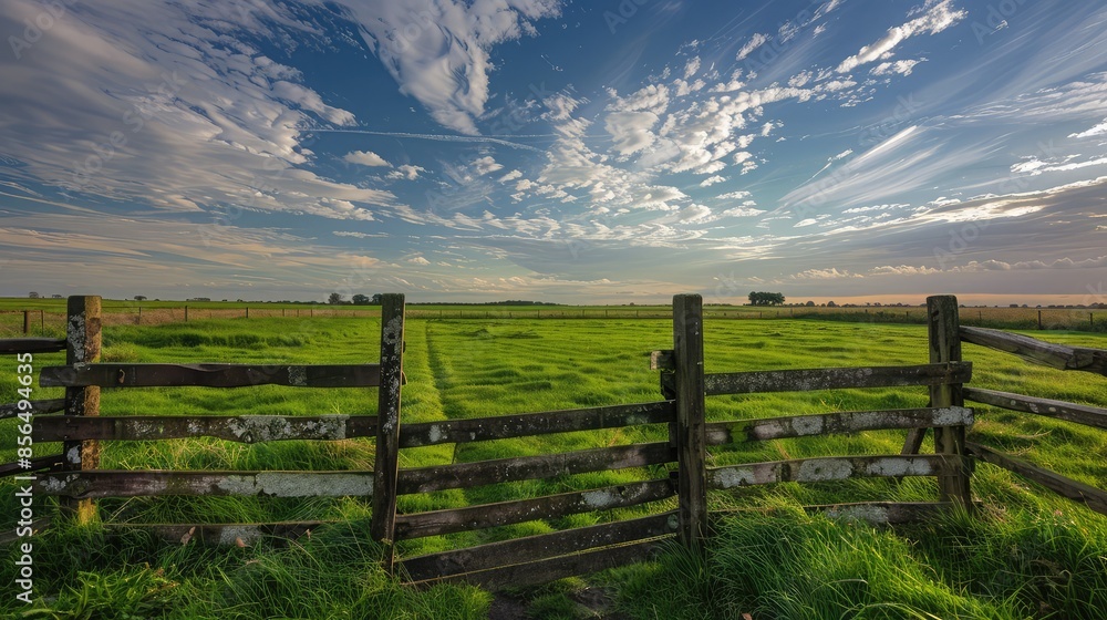 Lush green pastures divided by a wooden fence, under a wide-open, serene sky, creating a tranquil countryside setting. Lush green pastures divided by a wooden fence, under a wide-open, serene sky, creating a tranquil countryside setting.