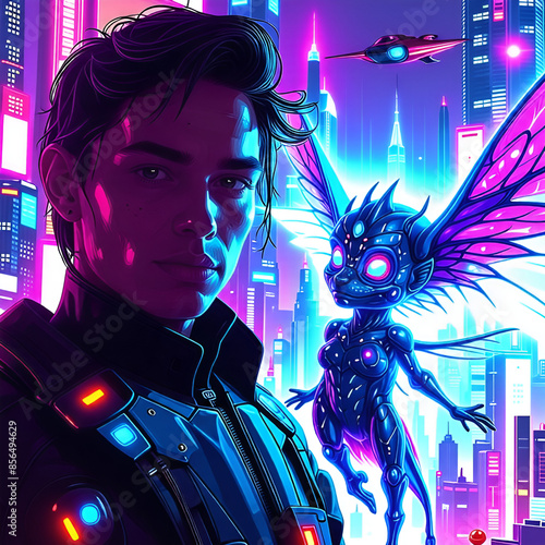 cyberpunk inventor with a magical companion photo