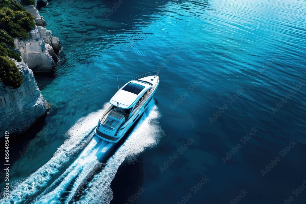 Obraz premium Aerial view of a luxury motorboat cruising through brilliant blue water along a rocky coastline on a sunny day. Perfect for travel and adventure themes.