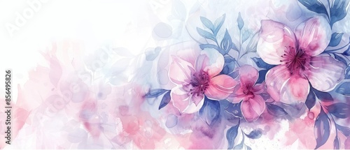 Abstract Watercolor Painted Flower Background, Horizontal with Copy Space
