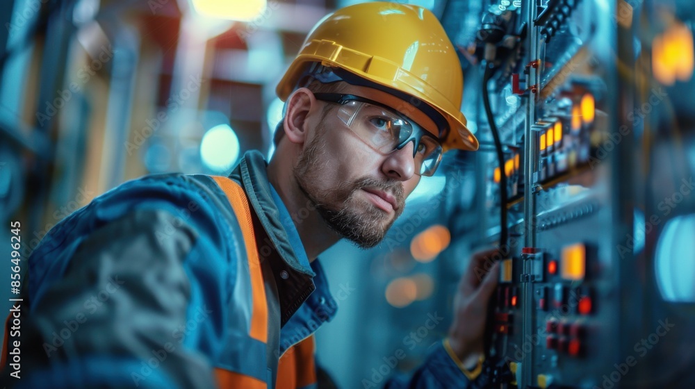 A man in a yellow helmet and safety vest is working on a machine A man in a yellow helmet and safety vest is working on a machine