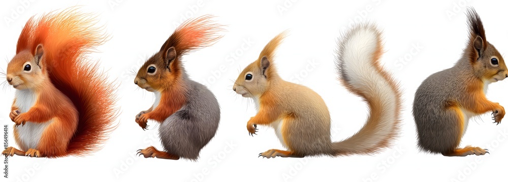 2. Develop a high-resolution bundle of squirrels in various colors (red, brown, grey, black), each isolated on a white background as transparent PNGs. Ensure the images are vibrant and detailed, 2. Develop a high-resolution bundle of squirrels in various colors (red, brown, grey, black), each isolated on a white background as transparent PNGs. Ensure the images are vibrant and detailed,