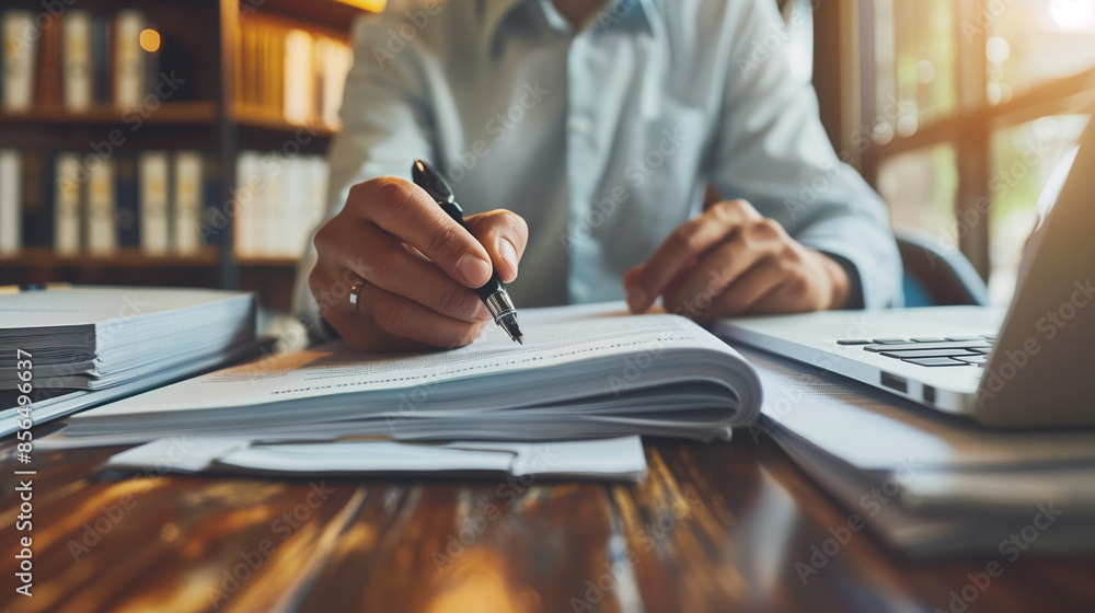 A businessman in a formal shirt reviews and signs documents at his desk, with a laptop and stacks of papers in an office setting. A businessman in a formal shirt reviews and signs documents at his desk, with a laptop and stacks of papers in an office setting.