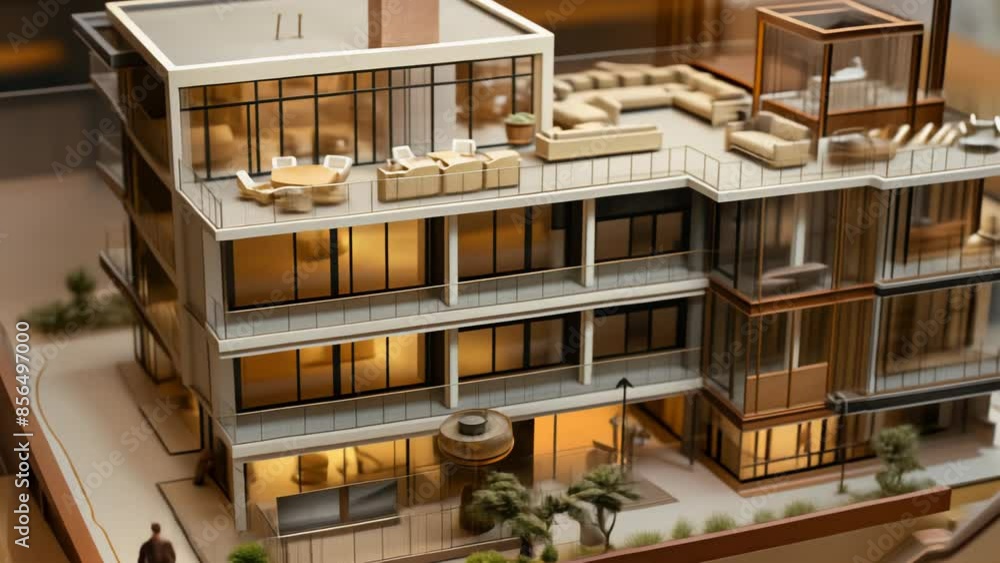 Modern luxurious apartment building with spacious balconies and large windows, elegant rooftop terrace, evening lighting creating a warm ambiance. Modern luxurious apartment building with spacious balconies and large windows, elegant rooftop terrace, evening lighting creating a warm ambiance.