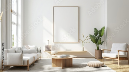 A tranquil living room setup featuring a white canvas backdrop, Soft curves in furniture arrangement for a relaxed flow, Minimalist curved arrangement style © Keyho