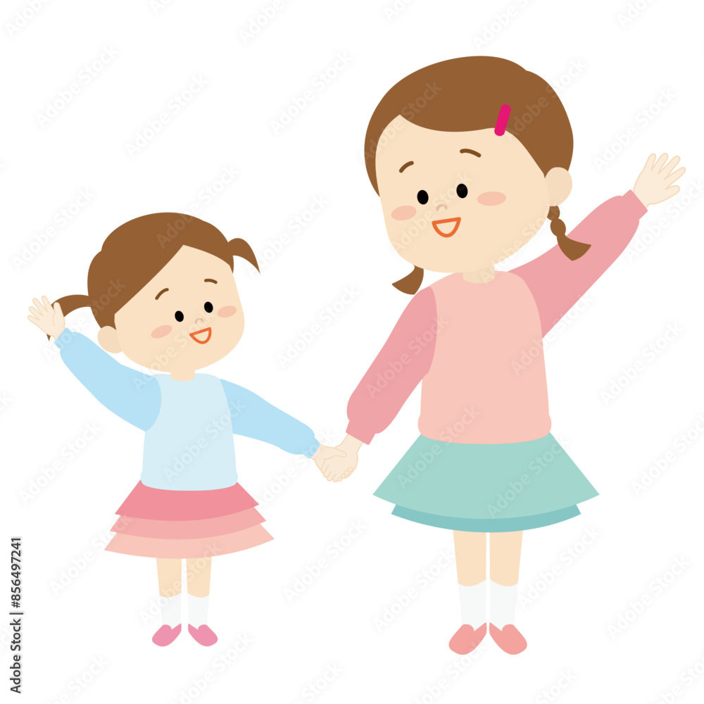 手を繋いで横断する姉妹のイラスト 手を繋いで横断する姉妹のイラスト