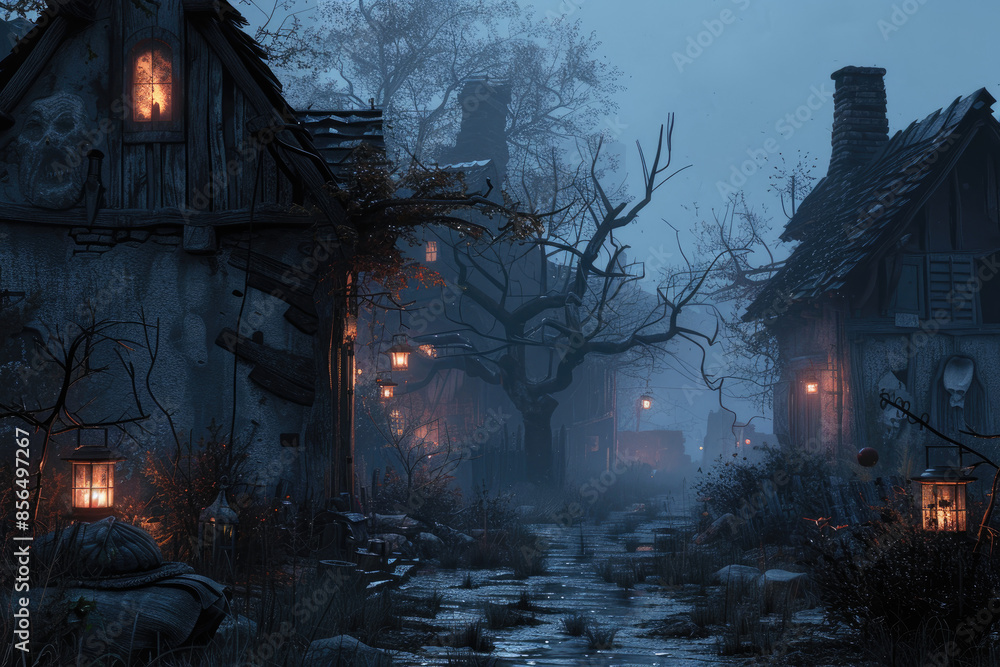 A haunted, enchanting scene of a witch's house decorated for Halloween A haunted, enchanting scene of a witch's house decorated for Halloween