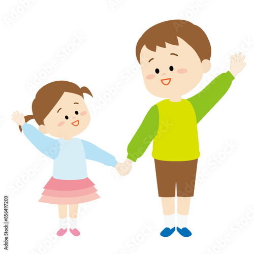 手を繋いで横断する兄と妹のイラスト
