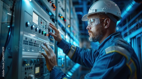 A man in a blue jumpsuit is working on a computer monitor