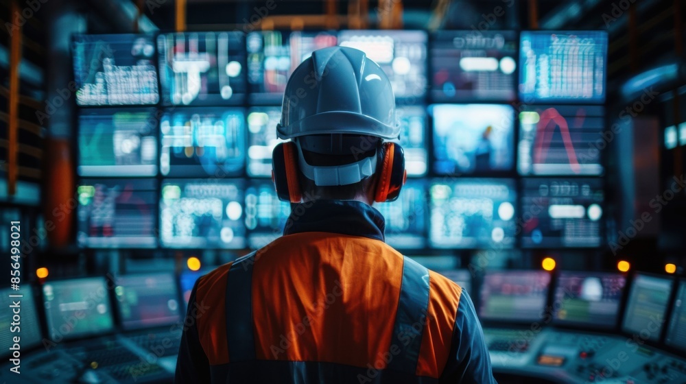 A man in a safety helmet stands in front of a computer monitor with many screens A man in a safety helmet stands in front of a computer monitor with many screens