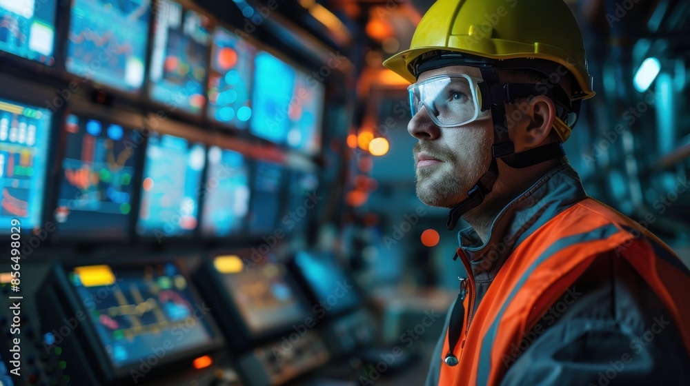 A man in a yellow helmet and orange vest is looking at a computer monitor A man in a yellow helmet and orange vest is looking at a computer monitor