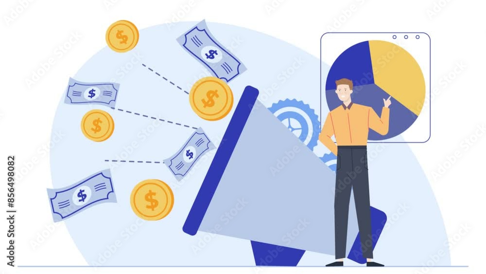a man with megaphone and money illustration business animated video a man with megaphone and money illustration business animated video