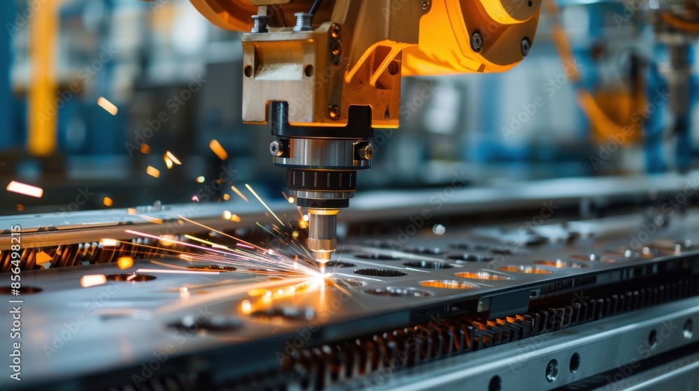A machine is cutting metal with sparks flying A machine is cutting metal with sparks flying