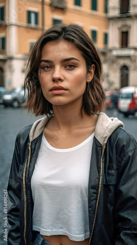 Lovely Young European Woman Brown Short Hair Cropped White T Shirt Leather Bomber Jacket